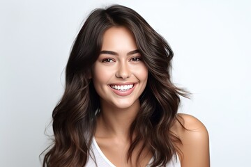 Fototapeta premium Happy joyful young woman with long dark hair smiling, isolated on grey background