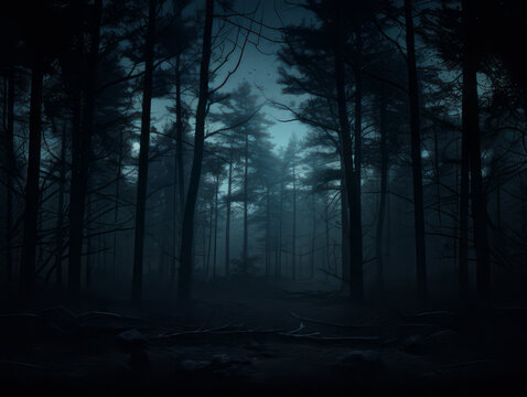Dark blue eerie forest at night. Halloween mood.