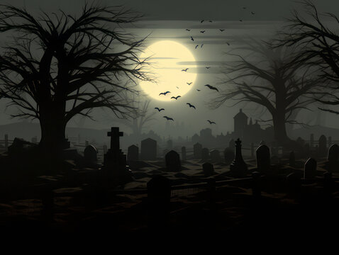 Illustration of a graveyard at full moon. Creepy picture for Halloween. Eerie graveyard scenes.