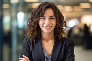 Obraz premium A woman with her arms crossed posing for a picture. Portrait of happy and successful business woman, boss in shirt smiling and looking at camera inside office with crossed arms
