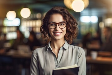 Young woman in suit with glasses is smiling for the camera with blur office workplace background