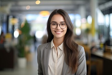 Obraz premium Young pretty woman in suit wearing glasses standing in an office. Businesswoman in corporate life.
