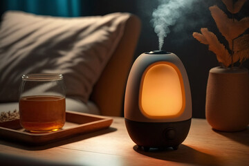 Generative AI. Aroma oil diffuser on table against in minimalist bedroom interior background. ultrasonic technology that freshens the air in homes