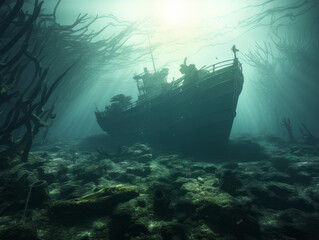 Sunken ship at the bottom underwater