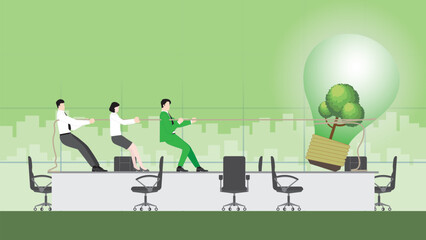 A business team pulls rope for a tree big lightbulb in an office meeting. ESG idea, Green energy, Environmental policy, Net zero emission, Carbon footprint reduction, Sustainable, and Eco-friendly.