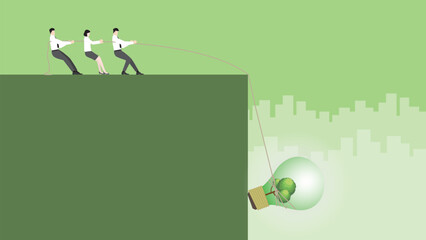 An office worker pulls rope for a tree big lightbulb. ESG idea, Renewable, Alternative green energy, Environmental policy, Net zero emission, Carbon footprint reduction, Sustainable, and Eco-friendly.