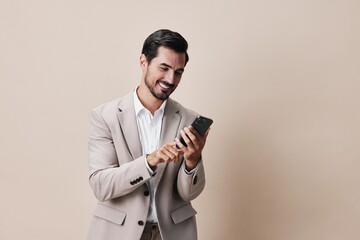 man phone smartphone suit call happy business hold portrait male smile