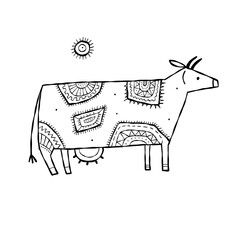 Stylish Ethnic Vector Illustration: Isolated Cow on White Background