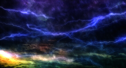 暗く厚い雨雲に走る雷、稲妻、大雨の背景　嵐・台風・豪雨・大雨・邪悪・不穏・ヘビーメタルのイメージ