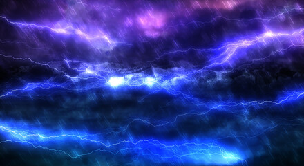 暗く厚い雨雲に走る雷、稲妻、大雨の背景　嵐・台風・豪雨・大雨・邪悪・不穏・ヘビーメタルのイメージ