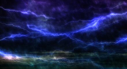 暗く厚い雨雲に走る雷、稲妻、大雨の背景　嵐・台風・豪雨・大雨・邪悪・不穏・ヘビーメタルのイメージ