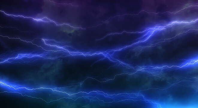 暗く厚い雨雲に走る雷、稲妻の背景　嵐・台風・豪雨・大雨・邪悪・不穏・ヘビーメタルのイメージ