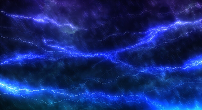 暗く厚い雨雲に走る雷、稲妻、大雨の背景　嵐・台風・豪雨・大雨・邪悪・不穏・ヘビーメタルのイメージ