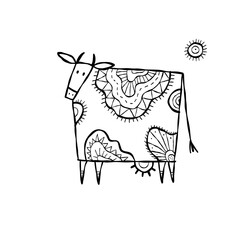 Stylish Ethnic Vector Illustration: Isolated Cow on White Background