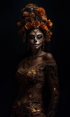 woman catrina with sugar skull makeup over halloween costume