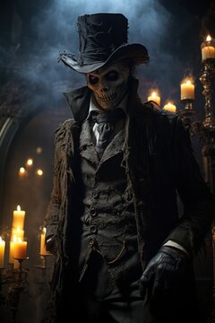 Halloween male character in a haunted mansion like a ghost in dark atmosphere