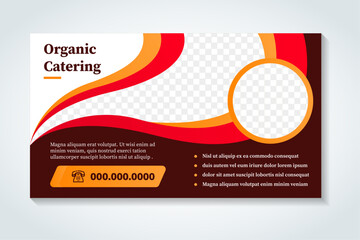 organic catering headline for  horizontal banner with brown background and red and yellow element. space for photo collage. flat vector illustration