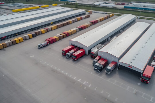 aerial view of trucks loading at logistic center
