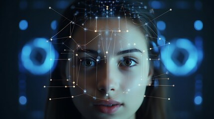  Serious business woman and smart technology for face recognition, double exposure. Biometric identification, futuristic cyber security, scanning and facial detection 