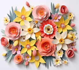 A garden of daffodils and tulips, in the style of 3D paper flowers, pastel retro colors, white background. Generative AI