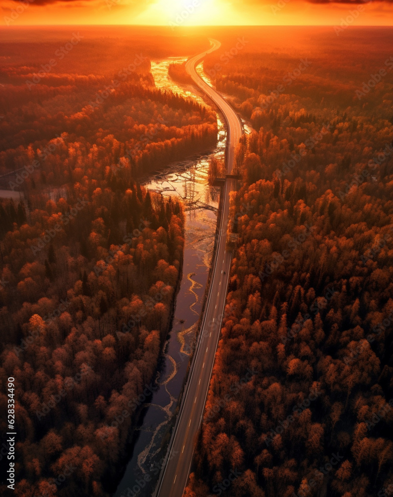 Sticker sunset with sunlit road and forest