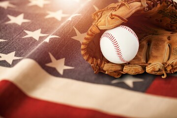 Old baseballs and United States blue and red flag