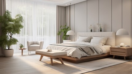  Scandinavian white minimalist bedroom with panoramic window, fur carpet and herringbone parquet, modern architecture interior design 