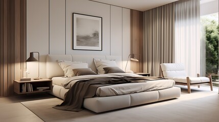  Scandinavian white minimalist bedroom with panoramic window, fur carpet and herringbone parquet, modern architecture interior design 