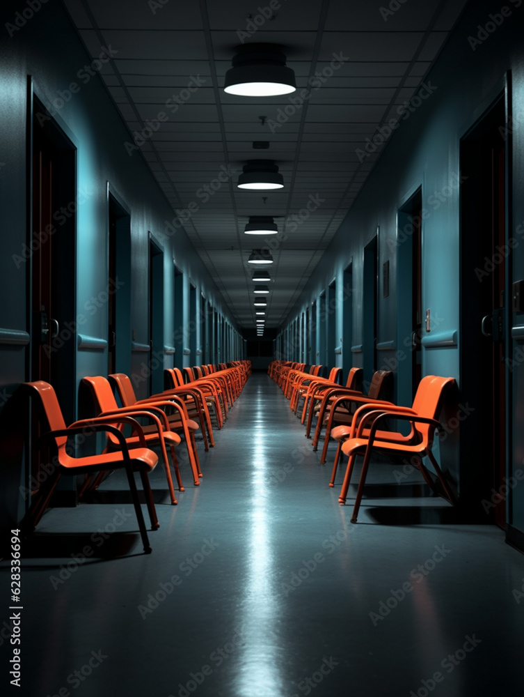 Wall mural dark corridor of hospital filled with black mist