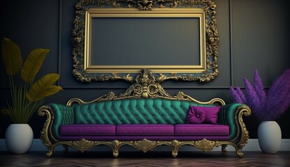 large blank ornate frame behind colorful ornate sofa Generative Ai