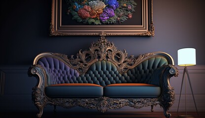 large blank ornate frame behind colorful ornate sofa Generative Ai
