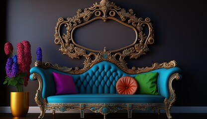 large blank ornate frame behind colorful ornate sofa Generative Ai