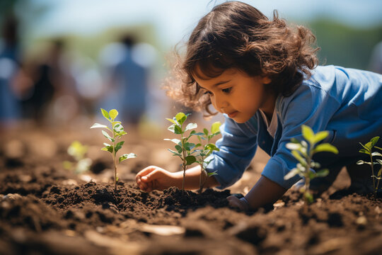 child joyfully participates in the act of planting a green tree in the forest, embracing the importance of environmental stewardship