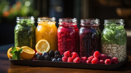 Fototapeta na wymiar trend of drink and beverages, smoothie healthy mixed vegetable fruit. background for banner.