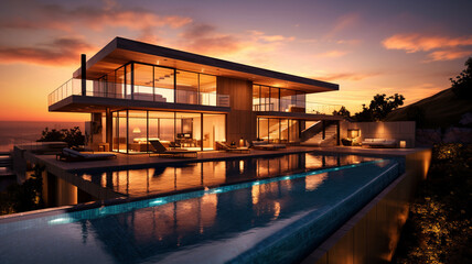 House , Modern luxury Home , pool with deck 