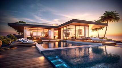 Fototapeta premium House , Modern luxury Home , pool with deck 