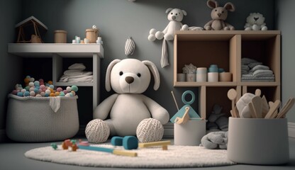 ultra realistic nursery with an empty wall and toys in Generative Ai