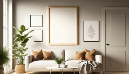 Fototapeta na wymiar tan color living room 1 square white wall frame no ima Generative Ai