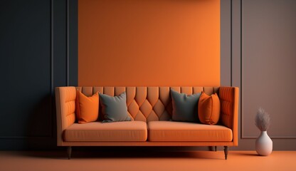 tan couch with orange cushions wall is empty UHD 8k Generative Ai