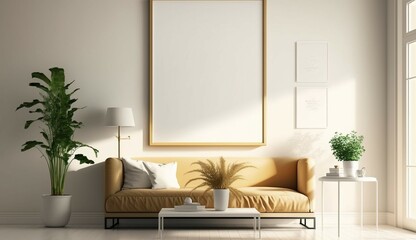 tan color living room 1 square white wall frame no ima Generative Ai