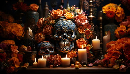 Beautiful altar for day of the dead. candles with skulls surrounded by flowers  close-up