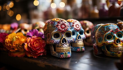 Group of skulls for day of the dead altar surrounded by flowers 