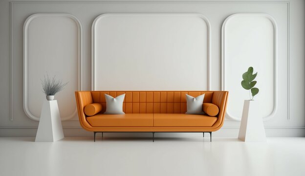 White wall interior living room have orange leather so Generative Ai