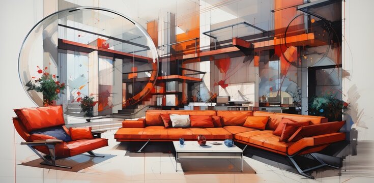 Modern interior design project in red, generative ai