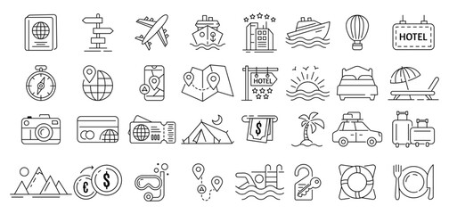Set of Line-Style Travel and Vacation Icons for Web and Mobile Apps. Vector Illustration Featuring Airport, Tickets, Tours, Relaxation, Hotels, Recreational Rest, and Services