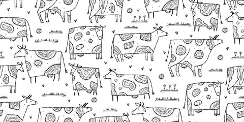 Stylish Ethnic Cows family on meadow. Seamless pattern background. Colouring page. Vector Illustration