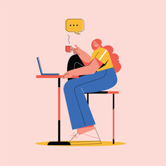 Young girl, man sitting drinking coffee, tea, juice vector illustration. Employees in company, cafeteria, restaurant, dinning room on lunch break flat cartoon character design.