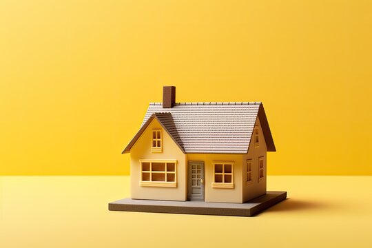 A house model is positioned on top of a wooden table and is placed against a yellow background, showcasing the idea of house ownership or the real estate industry. The image is taken from a frontal