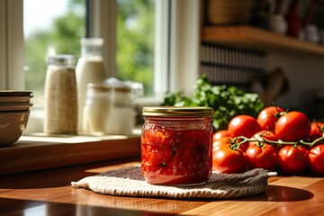 A kitchen at home with a woven mat displays a glass jar filled with freshly made tomato sauce. - obrazy, fototapety, plakaty