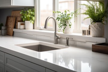 A kitchen counter with a sink that is white in color, located in someone's home. - obrazy, fototapety, plakaty